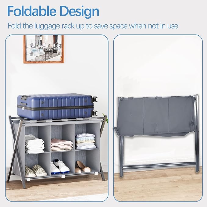 Luggage Rack for Guest Room, Folding Suitcase Stand with 6-Cube Fabric Storage Shelf, Luggage Holder, Steel Foldable Luggage Stand for Guest Room, Bedroom, Hotel, Grey