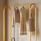 Gold clothing rack with bottom Storage shelves and 6 side hooks,Sturdy metal clothes rack for Hanging Clothes,Modern garment rack Wardrobe Rack for Bedroom or Boutique
