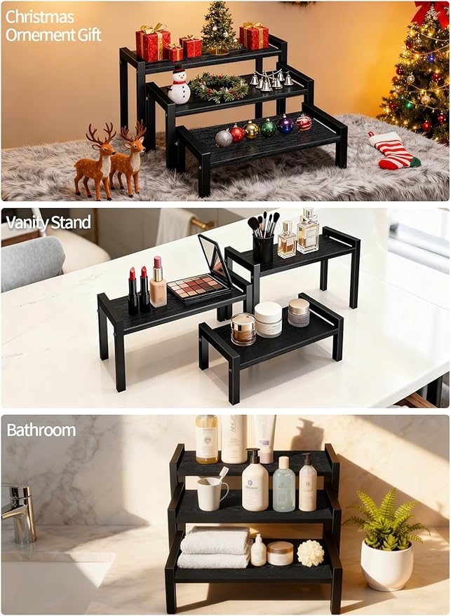 Wood Risers Display Stands, 3 Tier Stepped Display Shelf for Perfume Collectibles, Buffet Risers Tiered Tray Stand & Serving Tray for Food Desserts Vendor Events Party Decor