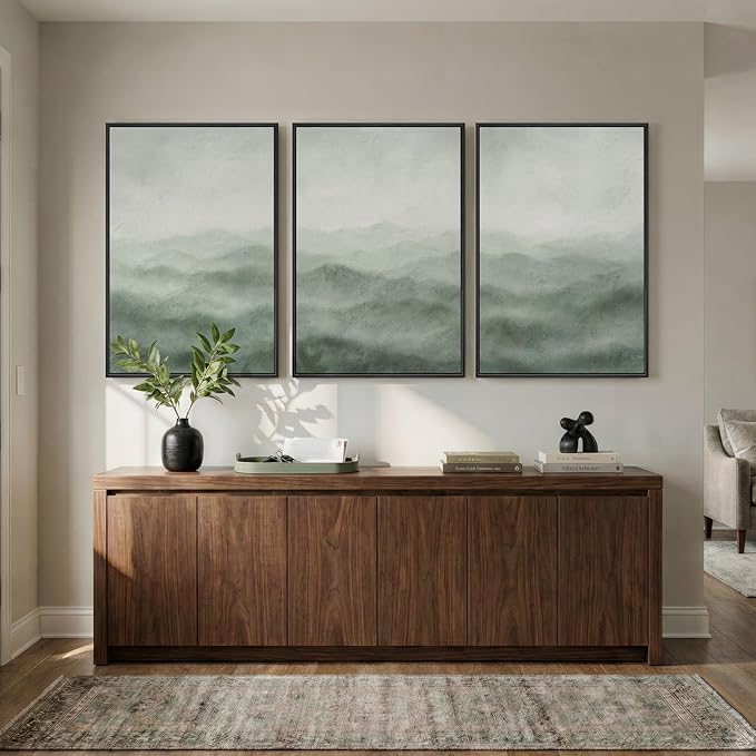 Large Framed Green Abstract Landscape Canvas Wall Art for Living Room, 3 Piece Modern Prints Paintings Artwork for Walls, Minimalist Nature Mountain Pictures Wall Decor for Bedroom, Office 24x36 In