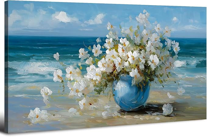 Vintage Flowers Canvas Wall Art White Blossom Painting Retro Flowers in Blue Vase Pictures Blue Ocean Coastal Landscape Prints Poster Floral Artwork for Bathroom Bedroom Home Decoration 29.53x57.87"