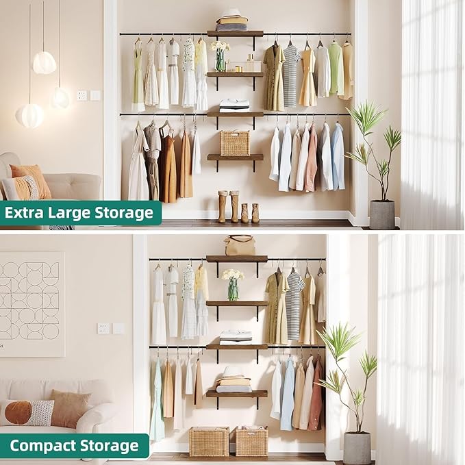 YITAHOME Wall-Mounted Closet System with Expandable Rod and Thickened Shelves – Adjustable Clothing Rack for Bedroom, Laundry Room and Cloakroom, Suitable for 2-8 Feets Space