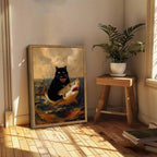 Funny Black Cat Wall Art Whimsical Cat Riding a Shark Wall Decor Picture Unique Animal Ocean Poster Canvas Painting Prints for Bedroom Living Room 16x24 inch Framed