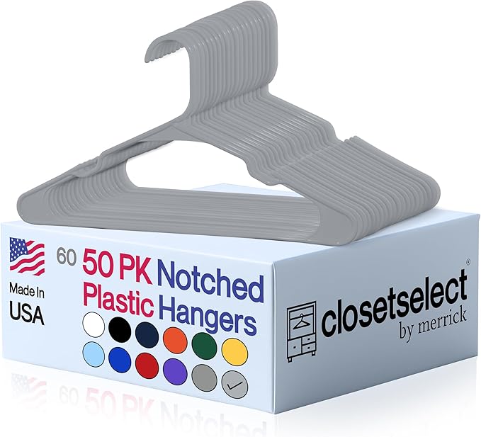 Plastic Hangers 50 Pack - Space Saving Clothes Hangers, Made in USA, Durable & Strong Plastic Shirt & Coat Hanger with Notches & Shoulder Grooves, Non-Slip Clothing Hangers | Grey