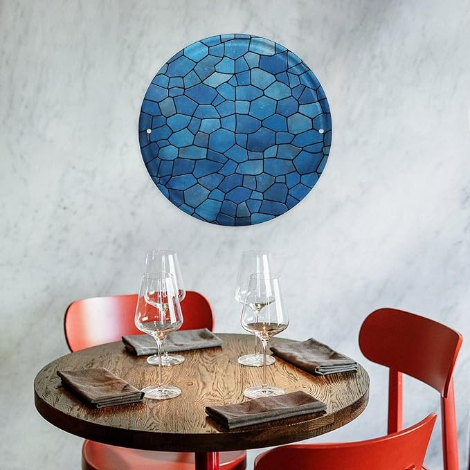 Wall Picture, with Blue Tile Pattern Printed Circular Iron Hanging Picture,Wall Art Decor,Home for Bedroom Living Room Bathroom Decor,Iron Painting 11.8X11.8 in