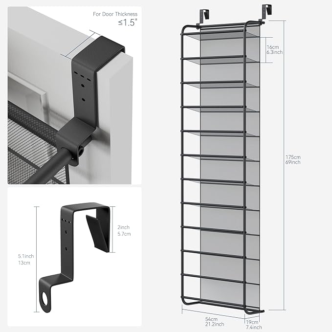Whitmor 36 Pair Over The Door Shoe Organizer, 12 Tier Hanging Shoe Organizer, Heavy Duty Metal & Mesh Shoe Holder, Hanging Shoe Rack for Closet Organizer, 69"L x 21.7"W x 7.5"H, Matt Gunmetal