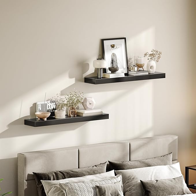 HOOBRO Floating Shelves for Wall, Wall Mounted Shelf Set of 2, 31.5" Hanging Shelf with Invisible Brackets, for Wall Decor Storage in Bathroom Bedroom Kitchen Living Room Office, Black BK80BJP201