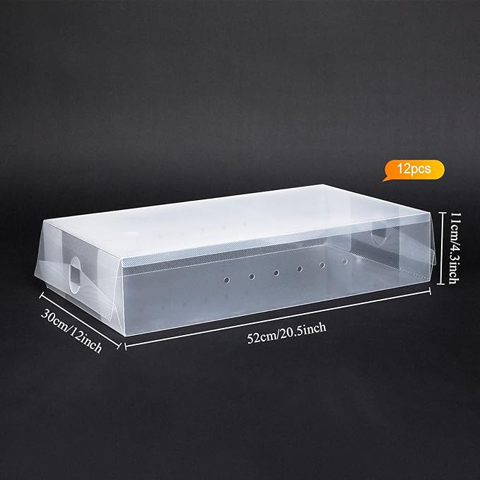 Shihanee 12 Pcs Boot Box Clear Plastic Stackable Shoe Storage Organizer Foldable Heavy Duty Shoe Containers for Closet Small Spaces Dorm Bedroom Apartments, 20.5 x 12 x 4.3 Inches