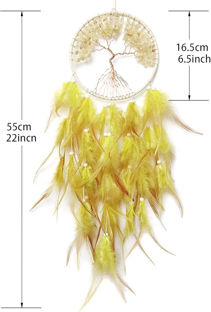 Yellow Dream Catcher Wall Decor Crystal Tree of Life Dream Catchers Handmade Feather Dreamcatcher Wall Hanging Ornament for Bedroom Living Room Home Decor