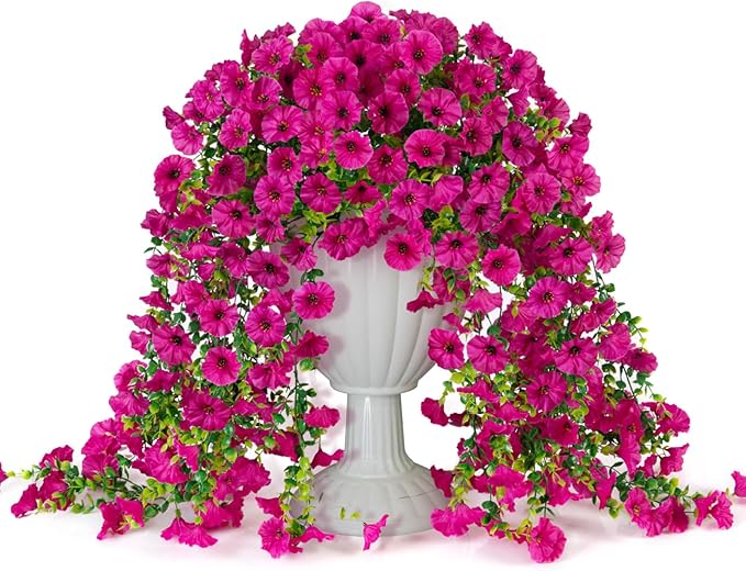 Fake Artificial Hanging Flowers for Outdoor, 2 PCS Silk Morning Glory Faux Flowers with Eucalyptus Leaves,Realistic Hanging Plants for Wedding Home Office Garden Decor