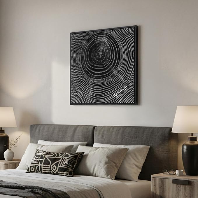 Framed Square Black Tree Ring Abstract Wall Art, Modern Nature Canvas Prints, Contemporary Black Minimalist Tree Lines Pictures for Living Room Bedroom Dining Room Hallway Office Wall Decor 24x24 In