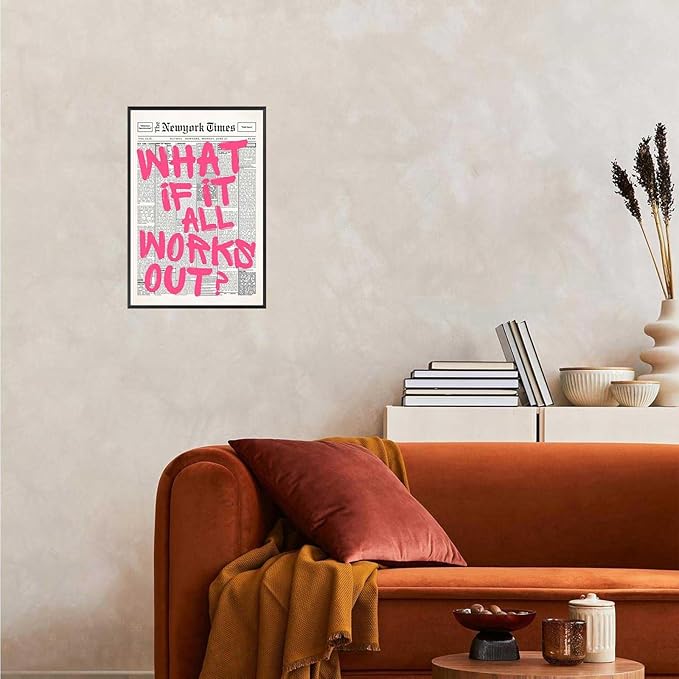 Drimiler Retro Newspaper Pink Font Poster What If It All Works Out Canvas Wall Art Positive Affirming Quote Minimalist Prints Painting For Home Bedroom Dorm Wall Decor 12x16in Framed