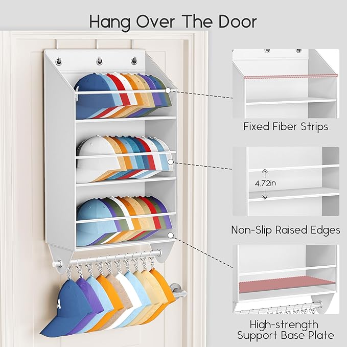 Over the Door Hat Rack - 3-Layer Design Hat Organizer Holds 30-36 Hats with 10 Hooks, Ideal Hat Rack for Door, Over the Door Organizer for Closet, Apartment, Bedroom, Dorm, 1 Pack, White