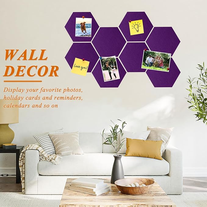 8 Pcs Hexagon Felt Cork Bulletin Board Tiles, Self Adhesive DIY Bulletin Board Pin Board for Office School Home Wall Decor Memos Photos Display(Purple)