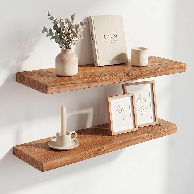 30 Inch Floating Shelves, Solid Wood Wall Shelves, 8 Inch Deep Floating Shelf – for Bathroom, Bedroom, Living Room, Kitchen, Home Decor & Storage, Heavy-Duty Wooden Shelf Wall-Mounted, Set of 2