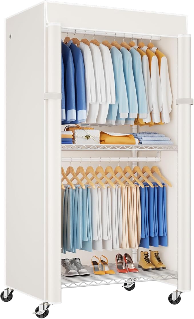 P8C Heavy Duty Clothes Rack（With Extended Width Design） Rolling Clothing Racks for Hanging Clothes with Lockable Wheels，31.5" W x 15.8" D x 80.5" H，Max Load 600LBS，White Rack with White Cover