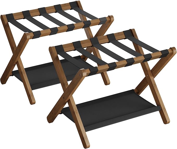 SONGMICS Bamboo Luggage Rack for Guest Room, Set of 2, Folding Suitcase Stand with Fabric Storage Shelf, for Hotel, Bedroom, Heavy-Duty, Holds up to 131 lb, Walnut Brown URLR007D02