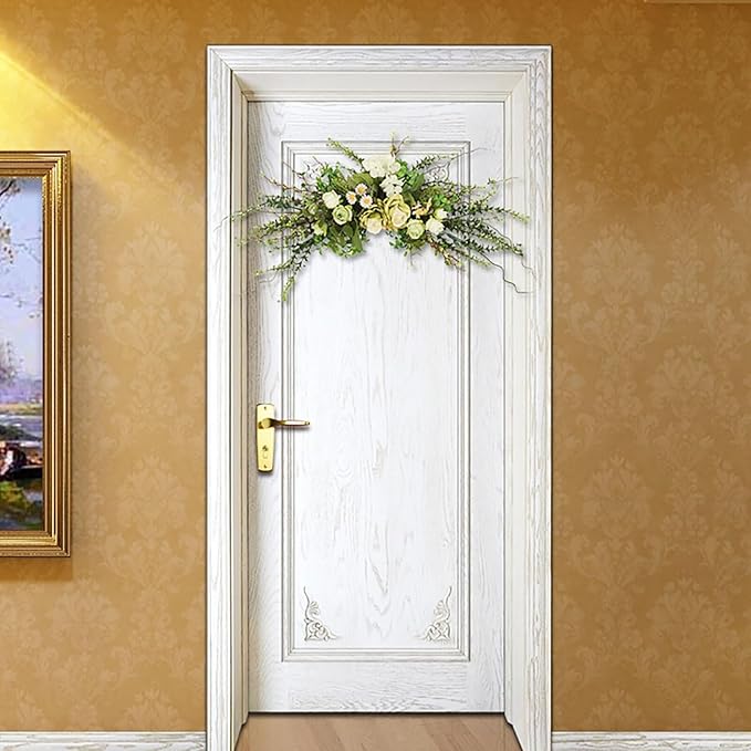 Artificial Greenery Flower Swag, Fake Eucalyptus Rose Flower Swag for Door Lintel Spring Summer Arch Flower Swag for Wedding Home Party Table Door Wall Decor