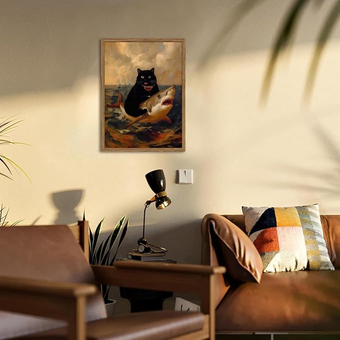 Funny Black Cat Wall Art Whimsical Cat Riding a Shark Wall Decor Picture Unique Animal Ocean Poster Canvas Painting Prints for Bedroom Living Room 16x24 inch Framed