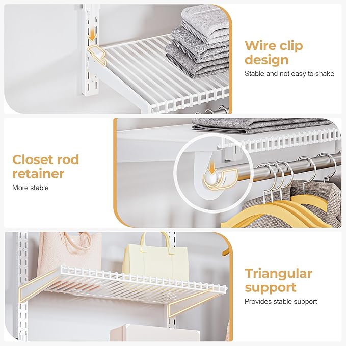 Wire Closet Organizer System, Wall Mounted 6.5 Ft. Custom Closet Kit for Bedrooms Laundry Mudroom Garage Basement, Adjustable Storage Shelves for Clothes Shoes Handbags