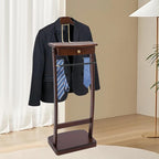 Suit Valet Stand with Base, Wooden Clothes Valet Stand with Drawer, Contour Hanger, Trouser Bar & Tie Bar Freestanding Women Men Valet Stand for Home Office Hotel