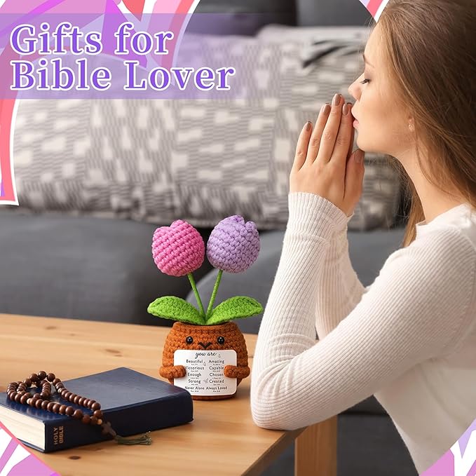 Wavwavw Christian Gift for Women Positive Handmade Crochet Tulips Doll with Bible Verse Prayer Card Inspirational Scripture Religious Crochet for Christmas Sunday Group Church