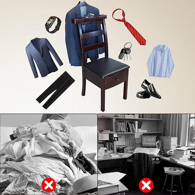 Wooden Suit Valet Stand with Drawer Suit Valet Stands for Men Freestanding Clothes Valet Stand with Trouser Bar and Tie Bar