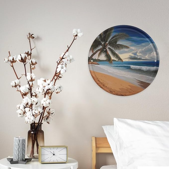 Wall Picture, with Coconut Palm Tree Sandy Beach Printed Circular Iron Hanging Picture,Wall Art Decor,Home for Bedroom Living Room Bathroom Decor,Iron Painting 11.8X11.8 in