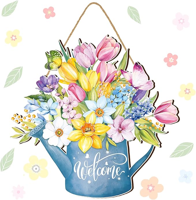 Juexica Spring Decorations for Home Spring Wreaths for Front Door Welcome Sign Flowers Door Hanger Decorations Rustic Flower Wall Decor Easter Party Outdoor Indoor Home Decor