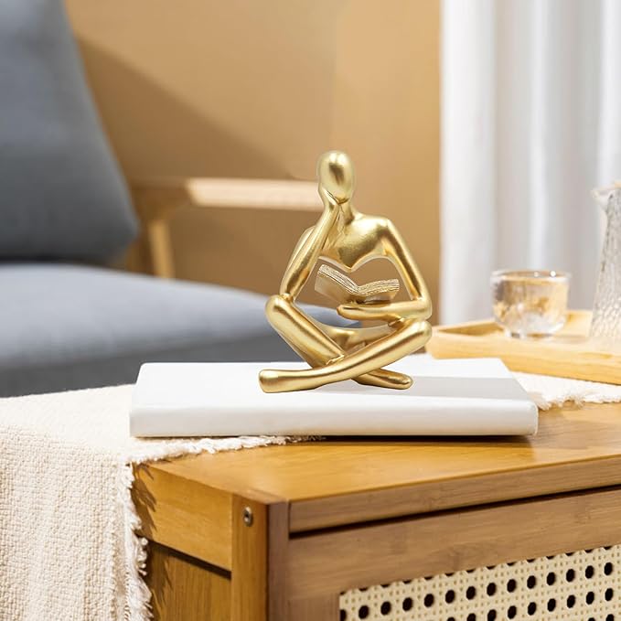 Jinkoozz Gold Reading Women Statue, Thinker Sculptures, Abstract Art Ornament, Modern Aesthetic Figurine Decoration, Suitable for Home Living Room Bedroom Office Shelf Table Desk Bookshelf Decor
