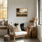 Framed Vintage Hunting Black Dog Wall Art, Rustic Country Landscape Pictures Wall Decor, Farmhouse Animal Paintings Canvas Prints for Home Living Room Bedroom 16x24 inch