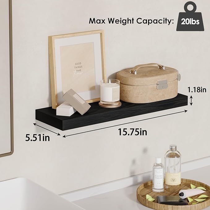 Fixwal Black Floating Shelves for Wall, Rustic Wood Shelves for Bathroom, Living Room, Bedroom and Kitchen, Wall Shelves for Storage, Books, Room Decor (Set of 4, 15.7 Inch)