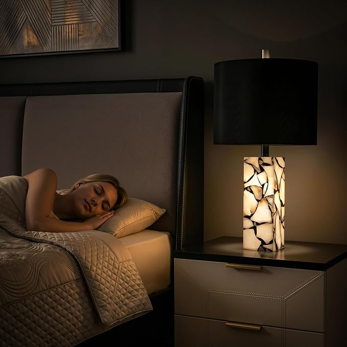 Scenekoy 23" Alabaster Table Lamps Set of 2 with Night Light for Living Room, Rotary Switch, Black Modern Table Lamp with Black Linen Shade, Nightstand Lamp for Bedroom Bedside Office (Bulb Included)