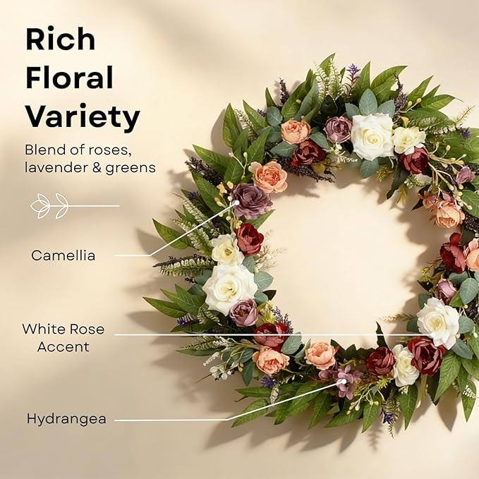32 Inch Eucalyptus Wreaths with Roses, Hydrangeas, Lavender, Berries, Salal Leaves, Ferns, Dusty Miller, Green Summer Spring Wreaths for Front Door, Large Wreath for Porch Decor