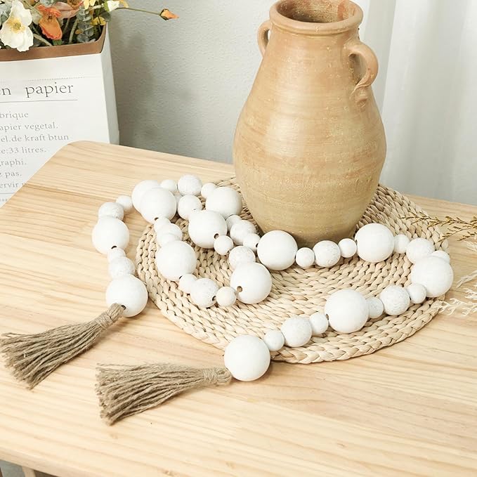 2" Extra Large Wood Bead Garland with Tassels, 75" Long Rustic Farmhouse Wooden Beads Garland, Decorative Beads Boho Decorations for Home Table Mantle White