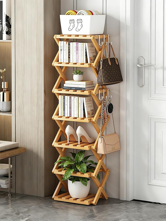 The 9-Tier No-Assembly Bamboo Rack, New Upgrade 9 Tier Bamboo Shoe Rack, Space-Saving Tall Narrow Accordion Shoe Rack for Entryway Closet Dorm (Brown-6)
