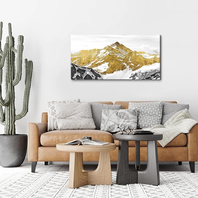 Large Golden Mountain Wall Art Abstract Black and Gold Mountain Wall Decor Nature Snowy Mountains Hill Landscape Canvas Paintings Pictures Modern Artwork Prints Living Room Office Decorations 24x48”
