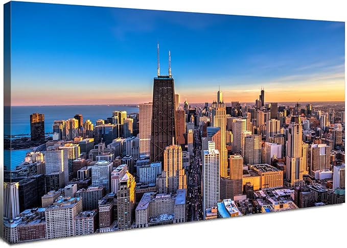 AIYISU Sunset Chicago Wall Art USA City Wall Decor Chicago Skyline Picture Center Cityscape Canvas Prints Painting Modern City Skyscraper Poster Artwork for Bedroom Living Room Home Decoration 20x40”