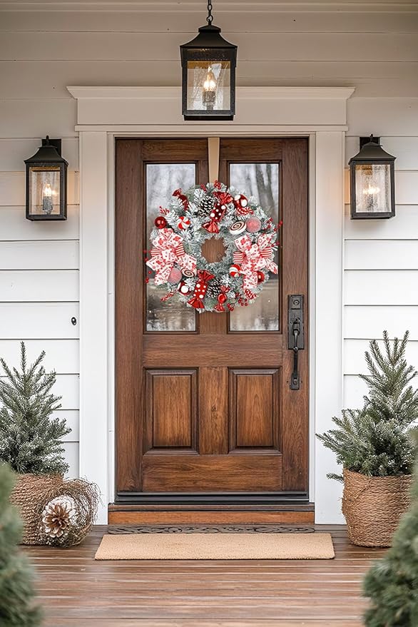 24" Artificial Christmas Wreath with Red Candy Accents, Double Ribbon Bows, Pine Cones & Ornaments, White Cedar Base for Christmas Thanksgiving Winter Holiday Front Door and Wall Decoration