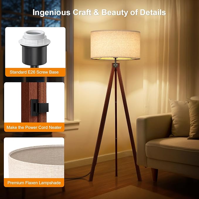 LEPOWER Wood Tripod Floor Lamp, Mid Century Standing Lamp, Modern Design Studying Light for Living Room, Bedroom, Study and Office, Flaxen Linen Shade with E26 Base Brown