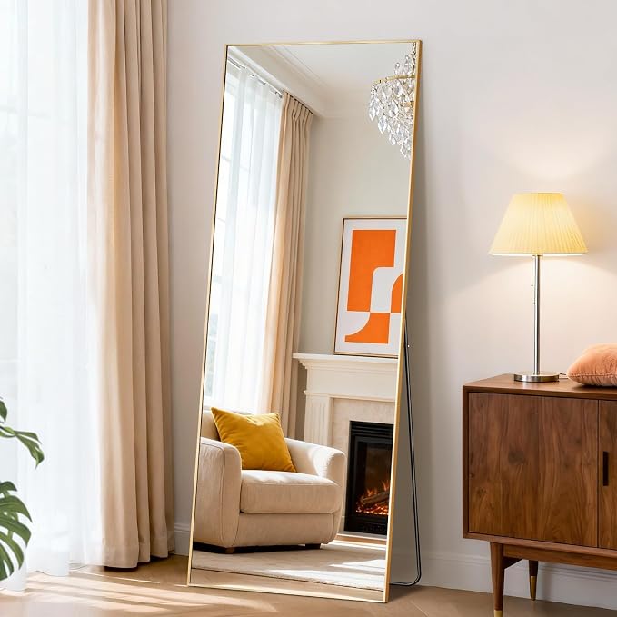 DUMOS 15"x56" Full Length Mirror with Stand, Floor Standing Aluminum Frame, Shatter-Proof Nano Glass for Bedroom, Living Room, Cloakroom – Modern Simple Home Decor,Can Be Hanging or Leaning, Gold