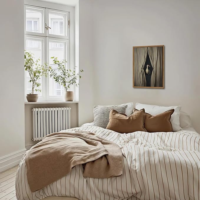 Framed Moody Crane Wall Art, Eclectic Vintage Bird Pictures Wall Decor Paintings, Surreal Humorous Animal with Black and White Striped Canvas Prints for Living Room Bedroom Bathroom Dorm 12x16 inch