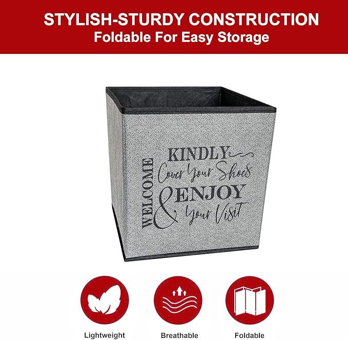 Shoe Cover Box - Welcome Guests to Please Cover Shoes. Indoor Foldable Storage Bin to Fill w/your Favorite Booties. For Homeowner, Real Estate Agent, Realtor Open House Supplies | 1 Grey & Black