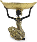 Lescafita African Woman Sculpture with Gold Leaf Bowl, Handmade Resin Figurine, Exotic Tribal Art Statue for Living Room, Dining Table, or Entryway Decoration