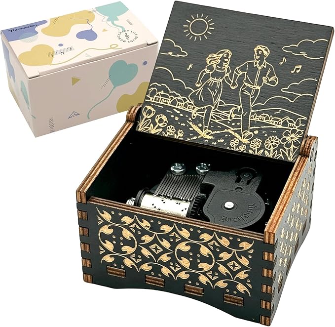 Pursuestar Black Wooden Wind Up Music Box - Greensleeves, Vintage Engraved Wood Mechanism Musical Gifts for Anniversary Mother's Day Valentine's Day Christmas Thanksgiving Birthday