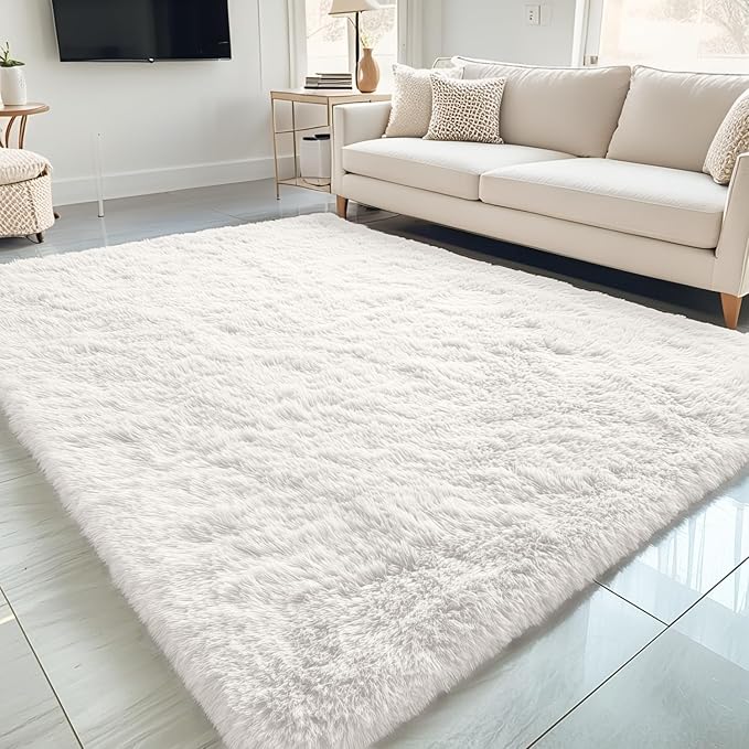 OLANLY 5x6 Area Rugs for Living Room Bedroom, Machine Washable Soft Fluffy Shaggy Bedside Rug, Indoor Floor Carpet for Kids Girls and Boys, Dorms, Nursery Rooms, Home Decor Aesthetic, Ivory