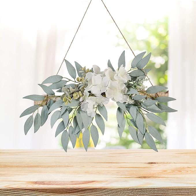 Artificial Hydrangea Swag,Handmade Floral Swag Garland Wall Decor with White Hydrangea Flowers and Willow Leaves Decorative Log Branch Hanging Hoop for Wall Window Bohemian,11.8