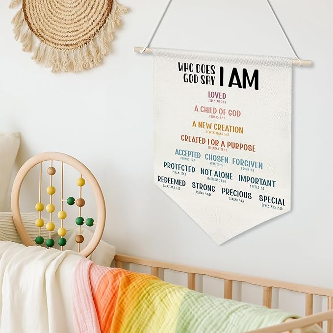Who God Says I Am Wall Hanging Banner,Christian Bible Verse Canvas Poster, Bible Wall Art for Women, Teens, or Kids, Faith-Based Decor with Wooden Rod, 11x16 Inch(KD14)