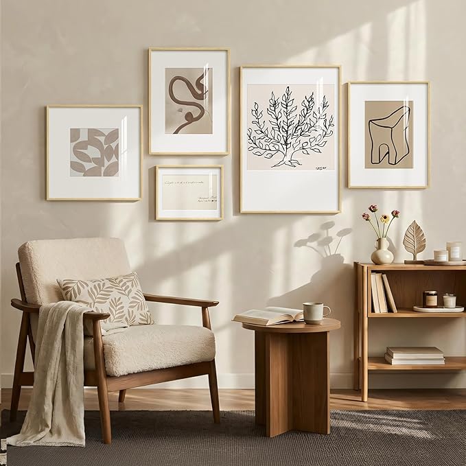 Framed Matisse Abstract Neutral Wall Art, 5 Piece Large Beige Canvas Prints Set, Modern Minimalist Geometric Botanical Paintings for Living Room, Bedroom, Hallway, Home Office, Guest Room