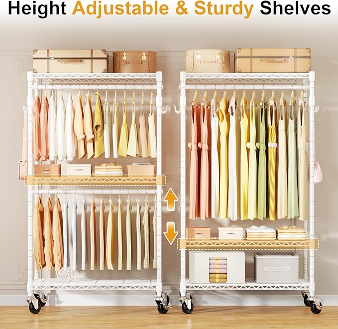 P1 Rolling Clothes Rack Heavy Duty, Metal Closet Clothing Rack with Lockable Wheels, Portable Wardrobe Closet for Hanging Clothes, 35.5" W x 15.7" D x 80.5" H, Hold 500lbs, White